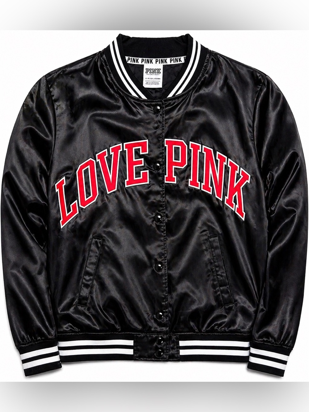 PINK Victoria’s Secret Satin Bomber Jacket Love Pink Logo Black Red Size M